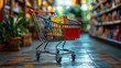 © ภูริพัฒน์ ภิรมย์กิจ - Shopping Cart in Aisle: A small shopping cart sits in the aisle of a grocery store, filled with yellow boxes and ready for shopping.  The blurred background of shelves and products adds a sense of dep
