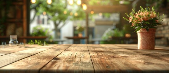 Canvas Print - A wood table in a cafe or coffee shop background ideal for displaying or montaging items with copy space image available