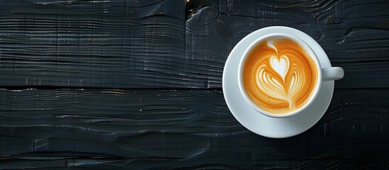 Poster - Top view of a white coffee cup with heart shaped latte art on a black wooden table by a window creating a picturesque copy space image