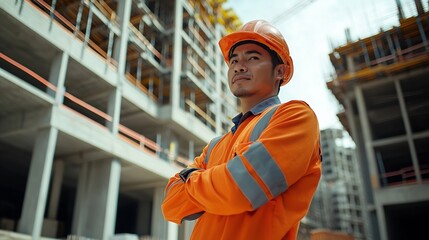 Wall Mural - Portrait of cvil engineer with safety uniform working at construction site outdoor Construction worker checking and controlling project on building site Architecture engineering on new : Generative AI