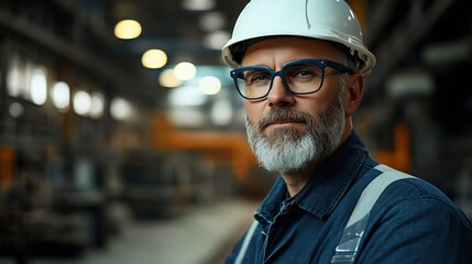 Poster - Portrait of a Bearded Middle Aged General Manager Standing in a Factory Facility Wearing a Work Suit Stylish Blue Glasses and a White Hard Hat Heavy Industry Specialist Working on Lapt : Generative AI