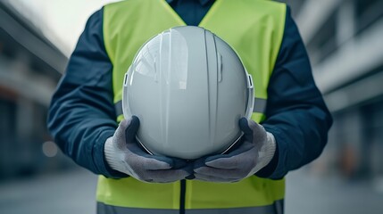 Fototapete - Safety workwear concept Male hand holding white safety helmet or hard hat Construction worker man in protective suit and reflective green vest standing with building concrete floor in  : Generative AI