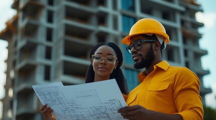 Aufkleber - Construction engineer team and building project with people planning development and architecture Black woman and men together for project management engineering and assessment outdoor : Generative AI