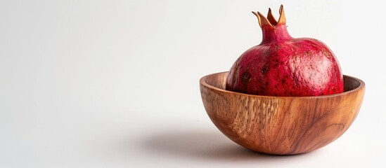 Aufkleber - A pomegranate inside a wooden cup on a white background with copy space image available