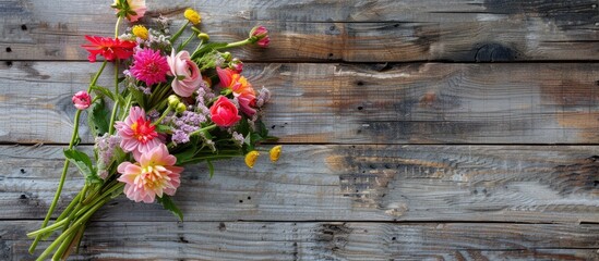 Wall Mural - A flower bouquet displayed on a rustic wooden surface with copy space image available