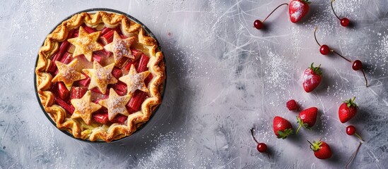 Poster - Top view of a strawberry and rhubarb pie with star decorations on a grey table featuring copy space image