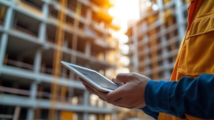 Aufkleber - Smart Construction Project management system conceptHands using digital tablet with Construction Management Software on blurred construction site as background : Generative AI