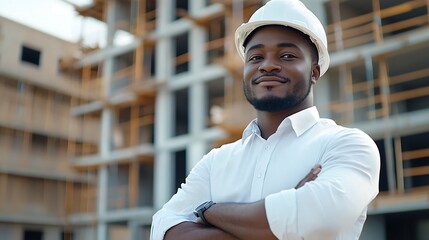 Architect portrait proud and happy black man real estate developer or property contractor with pride in career Architecture engineering mockup sky or construction worker success with c : Generative AI