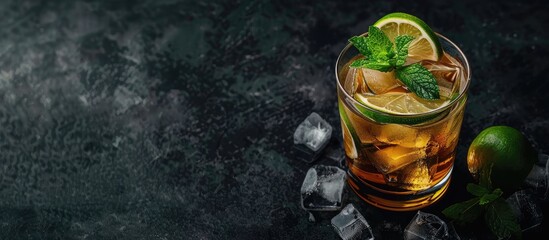 Aufkleber - A glass with an alcoholic drink made with lime rum mint and ice placed on a dark backdrop with space for additional content in the image