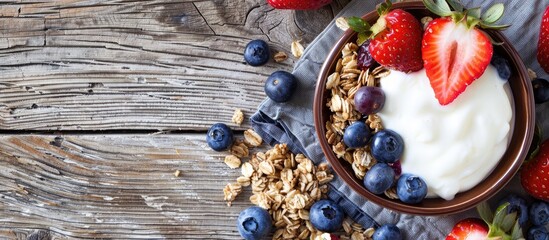 Aufkleber - A nutritious breakfast featuring granola yogurt blueberries and strawberries in a rustic setting with a wooden backdrop for a copy space image