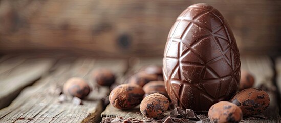 Aufkleber - Selective focus on a chocolate Easter egg with filling on a wooden backdrop featuring copy space image