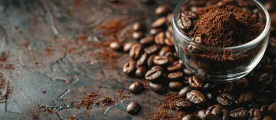 Poster - Glass containing roasted coffee beans and coffee powder with copy space image