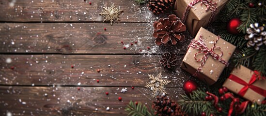 Poster - Festive Christmas and New Year s background with lovely decorations on a wooden surface including copy space image