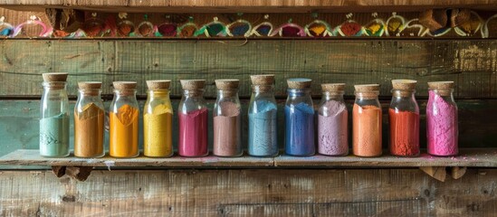 Fototapete - Vividly colored powder displayed in glass jars atop a rustic wooden shelf showcasing an assortment of hues with copious copy space image