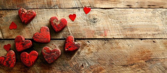 Leinwandbilder - Valentine s Day concept with red heart shapes on a wooden background in a copy space image