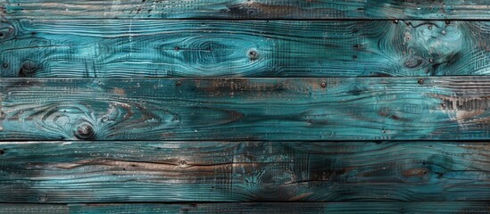 Sticker - Old wooden board with knots and scratches in blue and green tones for distressed panel background with banner copy space image