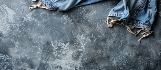 Canvas Print - Top view of a grey background with a cotton T shirt and jeans showcasing a copy space image