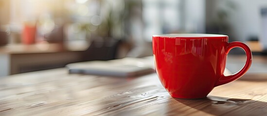 Leinwandbilder - Red espresso cup on office desk with a blurred background provides a copy space image