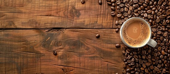 Aufkleber - Flatlay view of coffee beans and milk coffee in cup on wooden bricks backdrop with copy space image