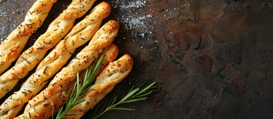 Sticker - Italian breadsticks seasoned with rosemary and salt on a dark brown stone surface captured from above leaving room for additional content such as a copy space image