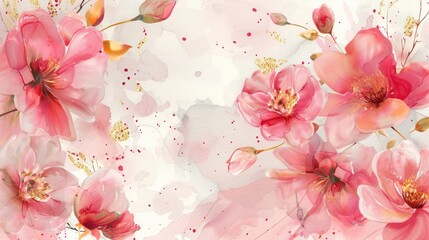 Wall Mural - Minimalist Watercolor Painting Featuring Vibrant Pink Florals with Delicate Gold Details for Sophisticated DÃ©cor