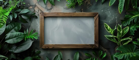 Poster - Wooden picture frame surrounded by green plants on a weathered gray backdrop suitable for home decoration with room for text. Creative banner. Copyspace image