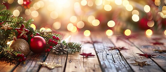 Poster - Festive background with Christmas decorations on vintage wooden floor with copy space image