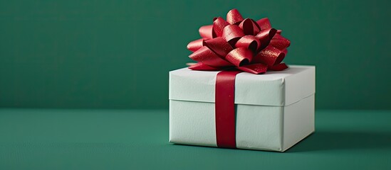 Aufkleber - White gift box with a large red bow set against a green backdrop allowing for a copy space image
