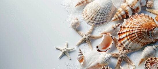 Fototapete - Sea shells and sea creatures depicted on a white backdrop with copy space image