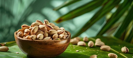 Wall Mural - Wooden bowl filled with salted pistachios on a table with a green banana leaf backdrop allowing for copy space image