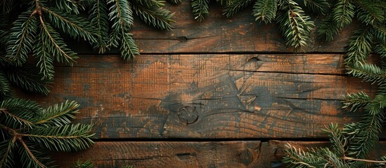 Poster - Rustic Christmas wooden background featuring a fir tree with copy space image for Xmas or New Year greetings adorned with green pine branches ideal for holiday frames in flat lay top view