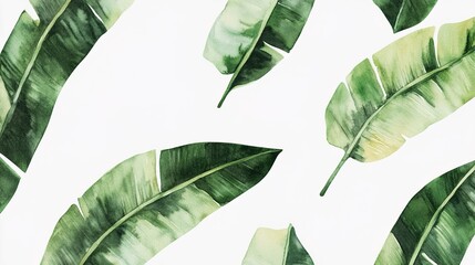 Wall Mural - Seamless Watercolor Pattern of Banana Leaves: Lush and Tropical Design with Vibrant Green Hues