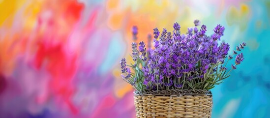 Poster - Lavender flowers in a wicker bag on a colorful backdrop ideal for copy space image