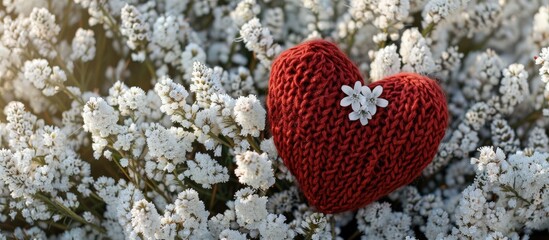 Poster - Romantic background featuring a red knitted love heart and white heather flowers ideal as a symbol of love with spare area for text in the image. Creative banner. Copyspace image