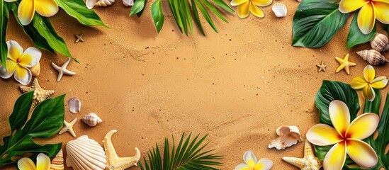 Aufkleber - A horizontal background frame in sand featuring tropical leaves seashells a starfish and a yellow frangipani flower suitable as a copy space image