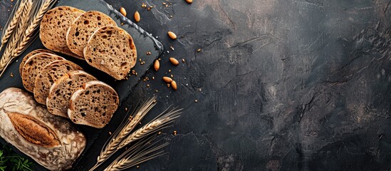 Poster - Healthy lifestyle concept with brown rye bread on a dark stone backdrop with copy space image