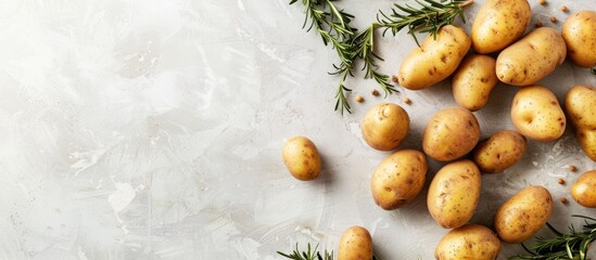 Poster - Top view of fresh organic potatoes on a white backdrop with copy space image