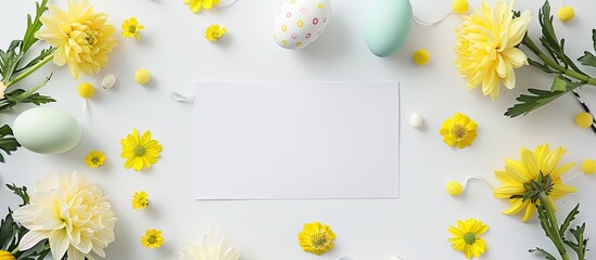 Sticker - High quality flat lay photo of Easter themed composition featuring yellow flowers Easter eggs and a paper blank on a white background with ample copy space image