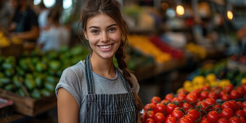 happy young woman working at grocery store smiling wearing apron with shelves full of fresh tomatoes and vegetables