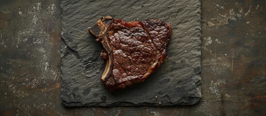 Sticker - Top down view of a T bone steak on a stone surface providing ample copy space in the image