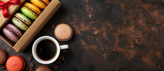 Sticker - Colorful macaroons and coffee displayed in a gift box viewed from the top with available copy space image