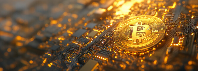 Bitcoin. Cryptocurrency coin Bitcoin on the background of a microcircuit. Golden colors.