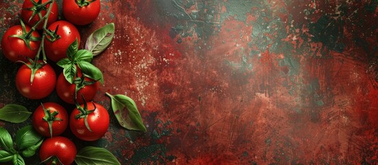 Canvas Print - Fresh cherry tomatoes and vibrant green basil on a textured backdrop with a place for text Image suitable for vegan cuisine with organic ingredients like tomato sauce ideal for salad