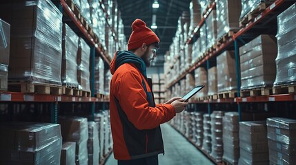 Aufkleber - Warehouse workers using a digital tablet while recording inventory Logistics employees working with warehouse management software in a large distribution centre : Generative AI