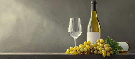 White wine bottle grapes and glasses arranged on a gray backdrop with ample copy space image available