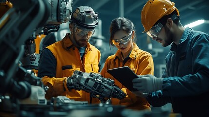 Fototapete - Business engineers meet and check control heavy machine robot arm Diverse Team of Industrial Robotics Engineers Gathered Around machine Professional Machinery Operator Use Industrial D : Generative AI