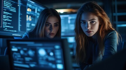 Aufkleber - Two Beautiful Women Working in a Cyber Security Software Development Department Young Manager Updating Software Developer on the Artificial Intelligence Safety Project : Generative AI