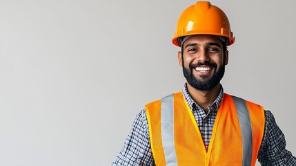 Poster - Construction worker engineer and studio portrait of happy man in vest and helmet for safety on white background Smile contractor or architect in planning or renovation project manager  : Generative AI