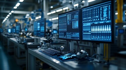Poster - Professional engineering Industry 40 Modern Factory Project Engineer Operator who Controls Facility Production Line Uses Computer with Screens Showing AI Machine Learning Enhanced Asse : Generative AI