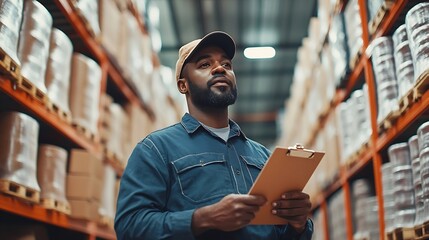 Poster - Portrait of warehouseman with clipboard checking delivery stock in warehouse Warehouse worker preparing products for shipment : Generative AI